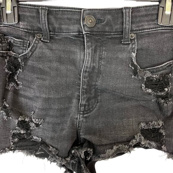American Eagle Hi Rise Shortie Black Distressed Cut Off Goth Jean Shorts sz 6 - Picture 2 of 16